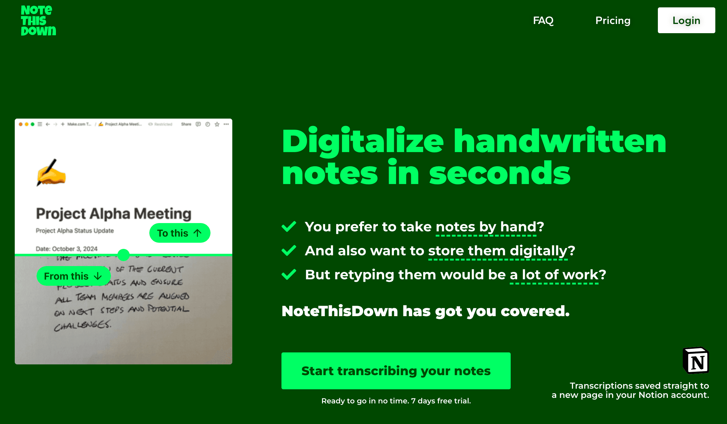 Turn handwritten notes into digital text and sync to Notion automatically. Use NoteThisDown and Pixno to digitize, organize, and search your notes.